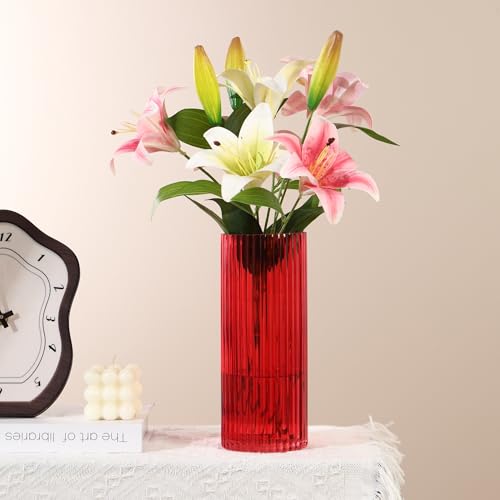 Red Glass Vase for Flowers, Ribbed Glass Vase for Tulips, Modern Red Vases, Tall Cylinder Glass Vases for Living Room, Bedroom, Dining Table, Office, Wedding, Bookshelf, 12 Inches - color: Red, size: 12''