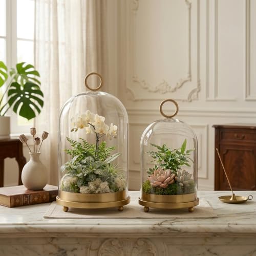 Hurricane Glass Candle Holders Set (5.1"×11.2" & 4.3"×7.7"), Metal Candle Holder with Hook Chains, Handmade Cloche Glass Dome & Antique Brass Candle Holder, for Pillar Candles, Floral Arrangements