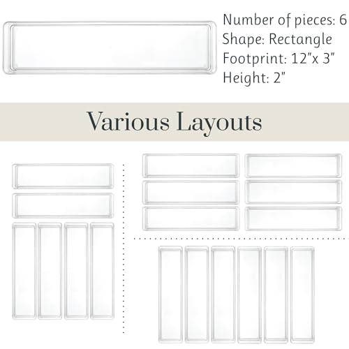STORi SimpleSort 6-Piece Stackable Clear Drawer Organizer Set | 12" x 3" x 2" Rectangle Trays | Narrow Makeup Vanity Storage Bins and Office Desk Drawer Dividers | Made in USA - size: 12x3x2" (Set of 6)
