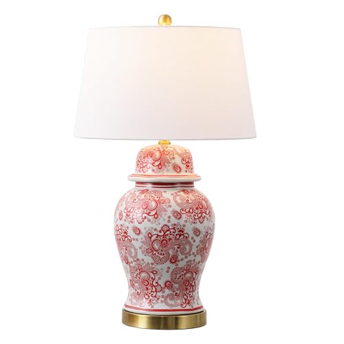JONATHAN Y 29.5" Red/White Ceramic Table Lamp for Living Room and Office, White Linen Drum Shade, Traditional Chinoiserie Ginger Jar Lamp, LED Bulb Included (JYL3008C) - color: Red/White