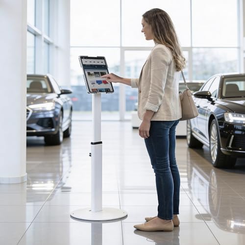 Mount-It! Anti-Theft Universal Tablet Floor Stand Kiosk, Locking Enclosure for iPad, Galaxy Tab & Surface Pro 9.7"–13.1", Height Adjustable 27.5"–47", Commercial Kiosk Stand, White - color: White