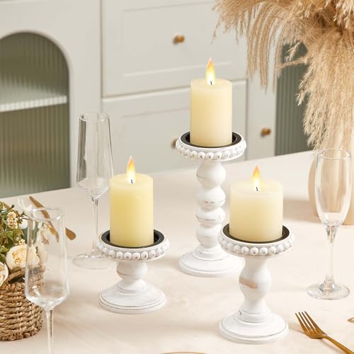 Mumufy 3 Pcs Candle Holders for Pillar Candles Rustic Farmhouse Home Decor Decorative Washed Beaded White Black Wood Candle Holder Country Style for Table Mantel Fireplace Wedding (White,Small) - color: White, size: Small