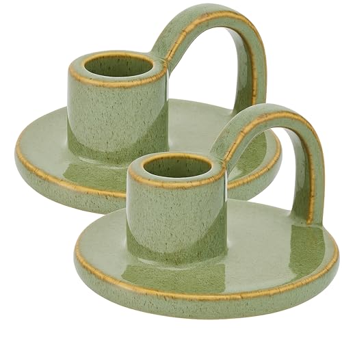 Ceramic Taper Candle Holders with Handle (Set of 2) – Tall Candlestick Holders for Table Decor Centerpieces, Rustic Home Décor, and Dinner Table Styling Avocado Green - color: Avocado Green