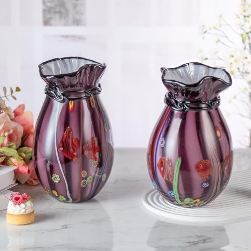 KAMMAK Colored Glass Vase, Beautiful Hand Blown Decorative Vase, Modern Art Vase for Flower Mantle Dining Table Centerpiece, Entryway Living Room Wedding Decoration (JG2075) - style: JG02075