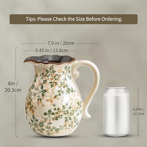 for Mom from Daughter or Son, Green Vintage Chinoiserie Ceramic Pitcher Vase with Handle 7.9”, Rustic Farmhouse Floral Decor for Living Room, Bookshelf, Office Decor - color: 01-green and Beige