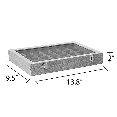Frebeauty Velvet Jewelry Tray,35 Grid Jewelry Organizer with Clear Lid,Earring Holder Organizer Case with Clasp,Drawer Insert for Rings Studs,13.8 x 9.5 x 2 Inches,Gift for Women Girls(Grey) - color: Grey, size: 35 Grid