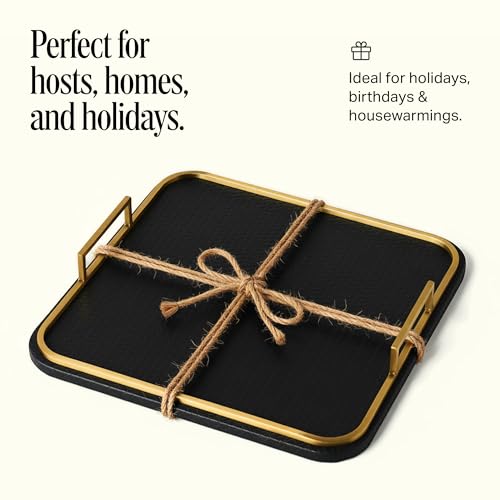 Preston Lane Mayfair Decorative Tray – Vegan Leather with Woven Texture, Brushed Brass Handles – Serving, Dresser & Coffee Table Tray, Ink - color: Ink