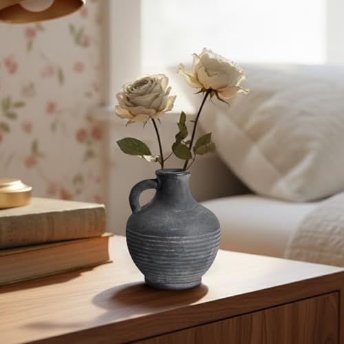 Black Ceramic Vase, Rustic Farmhouse Vase with Handle, 6 inch Terracotta Clay Small Vases, Centerpieces for Dining Table, Living Room, Bedroom, Entryway, Shelf Decor - color: Rustic Black - 6, size: 6 Inch