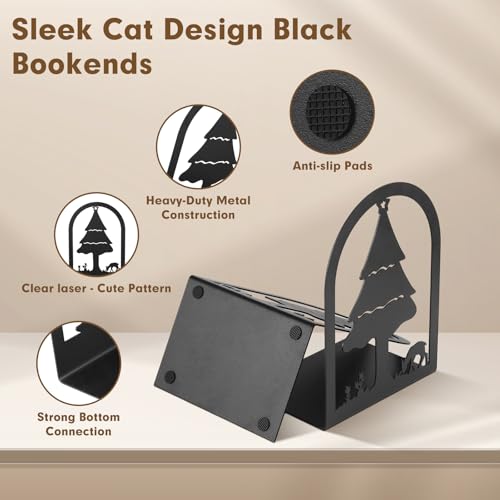 Aertiavty 2 Pcs Bookends for Shelves, Heavy-Duty Morden Tree Book Ends, Non-Skid Metal Bookends, 1 Pair Large Decorative Book Holder for Home and Office, Black Book Stopper, Forest - style: Tree