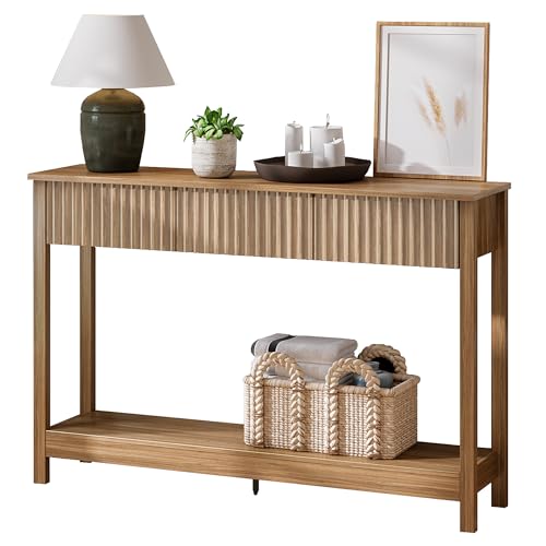 Treocho 47" Console Table with Drawers, Fluted Narrow Entryway Table with Open Shelf, Farmhouse Sofa Table Behind Couch for Hallway, Living Room, Brown - color: Brown
