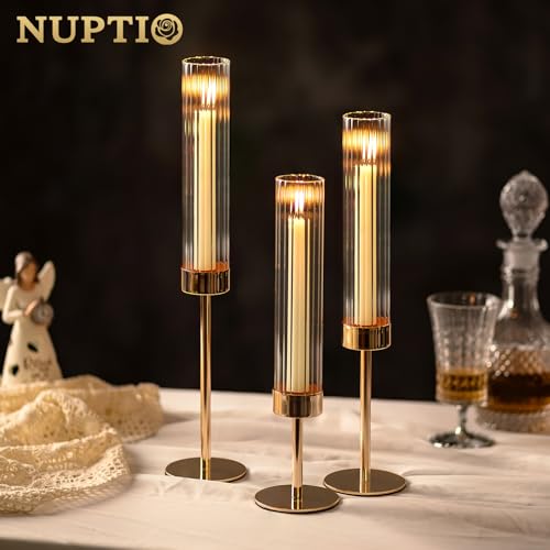 NUPTIO Hurricane Glass Candles Holder: 18 Pcs Gold Taper Candle Stick Holder Bulk - Modern Candlestick Decor with Tall Ribbed Chimney Sleeve for Thanksgiving Christmas Centerpiece - color: Ribbed, size: 18pcs
