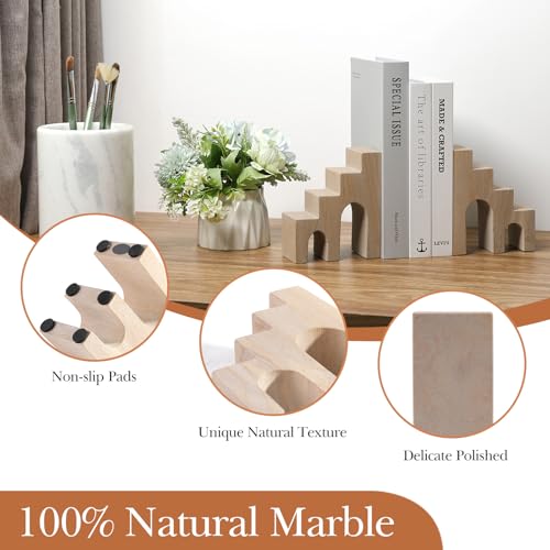Natural Marble Book Ends for Shelves, Decorative Stone Bookends for Heavy Books, Aesthetic Castle Book Holder/Stopper for Chic Home, Office, or Library Decor, Ideal for Any Bookshelf, Set of 2 - color: Huang Sandstone