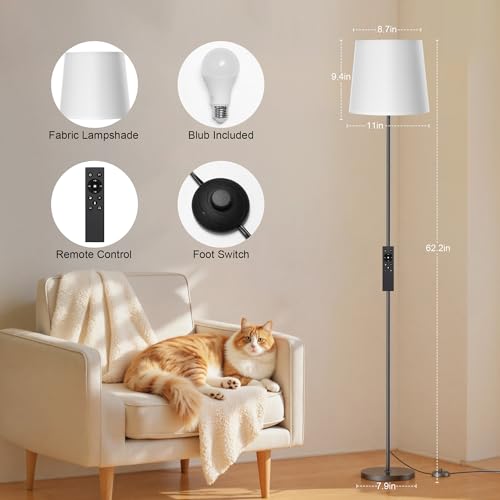SIBRILLE Floor Lamp with White Shade, 62" Dimmable LED Standing Lamp with Remote, 9W E26 Bulb Included, 3000-6000K, Modern Floor Reading Light for Bedroom Living Room Office Corner, Black Pole - color: White