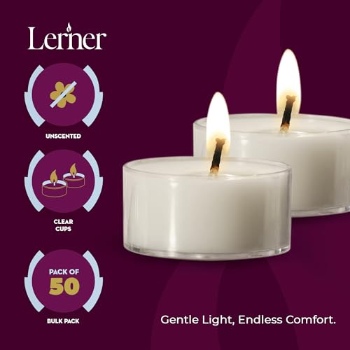 Lerner Clear Tea Lights Candles Bulk - 4.5 Hour Clear Cup Tealight 100 Pack - Consistent Smkless Clean Burning - Holiday, Wedding, Spa, Emergency and Home Decoration Candles - size: 100 Count