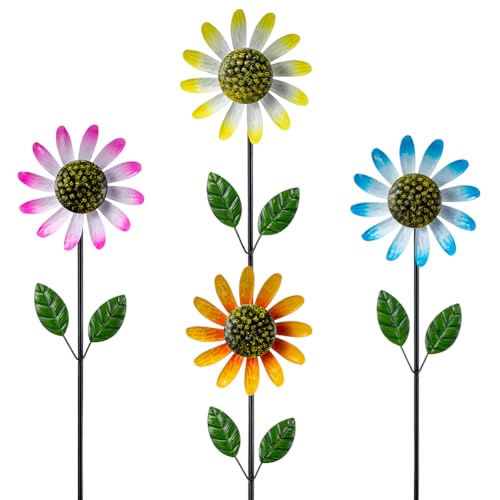 4 Packs Wind Spinner Outdoor, Pinwheels for Yard and Garden, Metal Sunflower Decorative Garden Stakes for Lawn Patio Porch Decor - size: Metal Flowers-4Pack