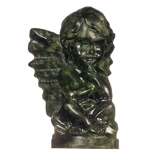 Nupuyai Natural Green Jade Baby Angel Praying Statue for Home Office Decor, Healing Carved Guardian Angel Figurine Collectible Sculpture for Reiki Healing Meditation - size: 3.93-4.05''