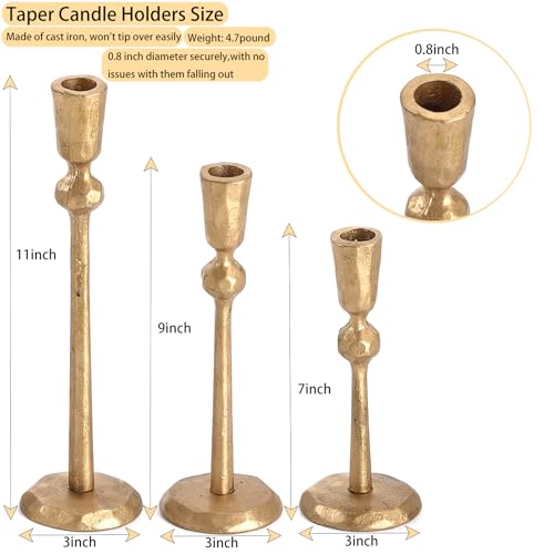 Gold Taper Candle Holders Set of 3, Heavy Candlestick Holders Decorative Candle Stand for Table Centerpiece, Cast Iron Candle Stick Holder Decor - color: Antiqued Gold 3