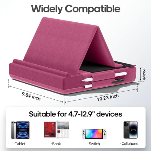 KDD Tablet Pillow Stand, Multi-Angle Viewing Ipad Holder for Lap, Bed and Desk, Foldable Soft Pad Dock with Stylus Mount Compatible with Ipad Pro 12.9, 10.5, 11, Air, Mini, Phones, Books, E-Reader - color: Purple