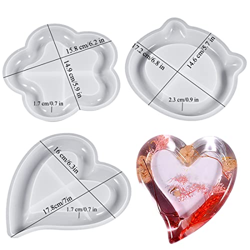 Voyyphixa 3PCS Resin Tray Molds, Heart Coaster Silicone Molds for Epoxy Resin Cat/Flower Shape for Resin Casting DIY Craft Art Candle Holder Home Decoration Ornament Jewelry Dish (3PCS)