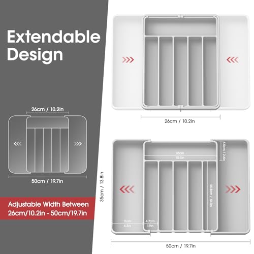 Aujen Silverware Organizer - Expandable Kitchen Drawer Organizer, Adjustable Utensil Organizer, Cutlery Tray for Forks, Knives, Multipurpose Kitchen Organizers and Storage Solution, Light Grey, Large - color: Light Grey, size: Large