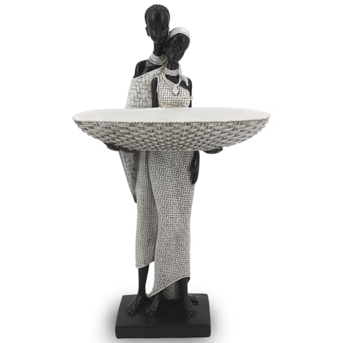 Lescafita Ivory White African Couple Statue - Minimalist Standing Figure with 7.8" Basket, Resin Home Decor for Small Items, Neutral Shelf Accent (12.5" H) - color: 310-white