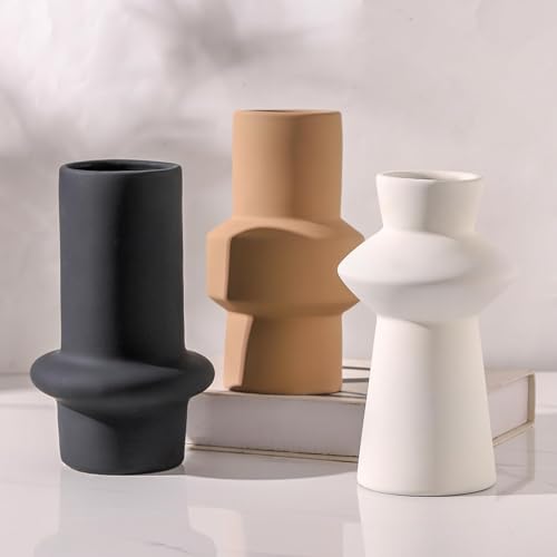 Modern Ceramic Vase Set of 3, 8 inch Simple Geometric Lines Vase for Pampas Grass Dried Fresh Flowers, Home Decor, Bedroom, Living Room, Bookshelf Decoration, Neutral Minimalist Nordic Style - color: 104