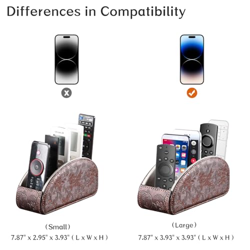 YAPISHI All-in-One Leather Brown TV Remote Holder with 5 Compartments Nightstand Desktop Media Player Remote Caddy Storage Box Organizer Tray for Mobile Office Phone Controller - color: Antique Flower, size: Small