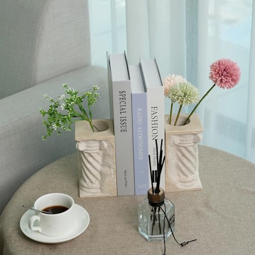 Roman Column Book Ends Decorative, 4-in-1 Heavy Duty Marble Bookend for Shelves, Unique Pen Holder & Mini Flower Vase, Classic Greek Statue for Office Home Desk Decor (2PC, Beige) - style: Classical -Beige
