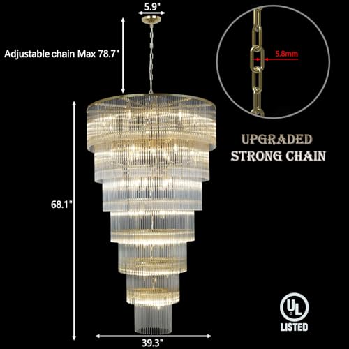 Extra Large Long Brass Chandelier for High Ceiling H68 Modern 7 Tiers Glass Staircase Chandelier Foyer Entryway Lighting Pendant Light Fixture for Grand Living Room Stairway Hall - size: XL Brass (39" x 68")