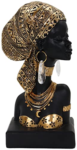Lescafita African Lady Bust Sculpture with Golden Headwrap – Resin Figurine with Earrings and Necklace, Modern African Woman Statue for Home Decor and Cultural Gift - color: 317-gold