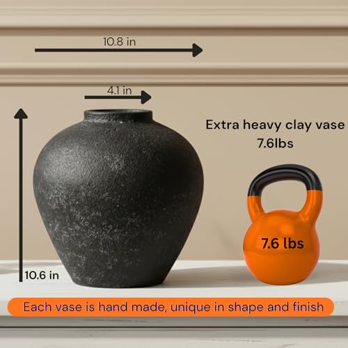Handmade Large Rustic Ceramic Vase 10.6 inches Tall, Farmhouse Stone Decor, Big Black Round Vase Living Room Home Decor, Earthy Textured Large Vases for Centerpieces Console Table - color: Black
