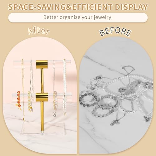 Necklace Holder Bracelet Holder, 2-Tier Acrylic Jewelry Display Stand Gold Jewelry Tower Stand Crystal T Bar Jewelry Organizer Gift for Women(2-Tier 1pc) - style: 2-Tier 1pc