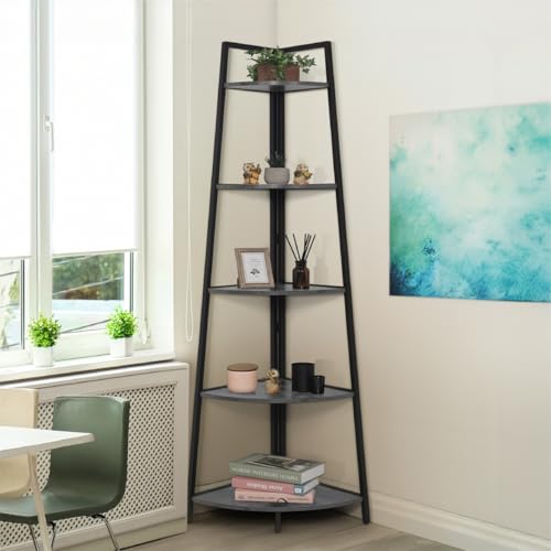 CAPHAUS Tall Corner Shelf Stand, 5-Tier Display Shelves, Ladder Corner Wood Storage Plant Bookshelf with Metal Frame, Versatile Shelving Unit Bookcase for Home Office Space, Dark Grey - color: Dark Grey, size: 5-Tier