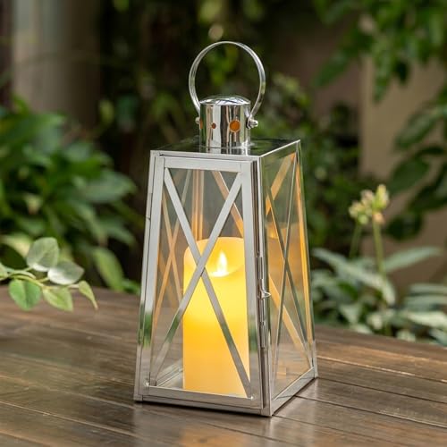 TRIROCKS Stainless Steel Decorative Lantern 12'' H Metal Candle Holder Hanging Candle Lantern with Tempered Glass for Christmas Home Decor Living Room Parties Events Indoor Outdoor(Silver Trapezoid) - color: Silver
