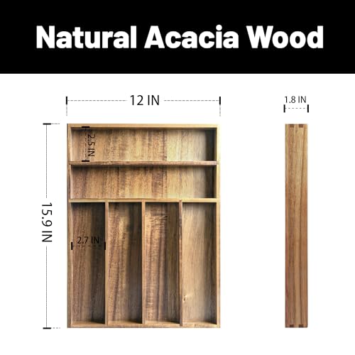 KITEISCAT Acacia Wood Silverware Organizer, Kitchen Utensil Drawer Organizer for Forks, Knives & Spoons, 6-Compartment Cutlery Tray, Flatware Holder - size: 6 Compartments