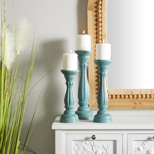 Deco 79 Wooden Decorative Candle Holder Distressed Candle Stand, Set of 3 Candlestick Holder 15", 13", 11"H, Blue - color: Blue, size: Blue