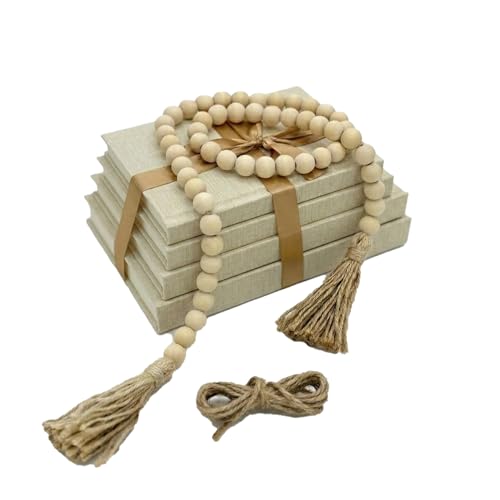 Decorative Books for Home Decor-Set of 4 Real Linen Decorative Books, Stacked Books with Wood Bead Garland, Jute Twine & Satin Ribbon, Neutral Modern Farmhouse & Boho Shelf Decor (Beige) - color: Beige