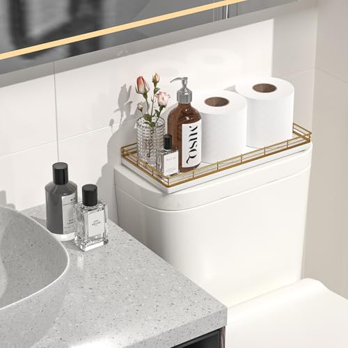 Bathroom Toilet Tank Tray, 13" Wood Toilet Paper Storage Basket Tray Back of Toilet Basket Organizer,Vanity Tray for Perfume Makeup Candle Decor, Gold & White - color: Gold & White, size: 13" x 6.5" x 1.5"