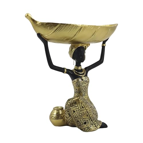 African Woman Resin Statue Holding Leaf Bowl – Golden Tribal Kneeling Figurine for Jewelry Tray, Snack Holder, Home Shelf Decor - color: 313gold