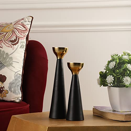 Rely+ Black & Gold Taper Candle Holders Set of 2 – Modern Metal Candlestick Holders for Dining Table Centerpiece, Home Décor, Wedding & Party Decorations