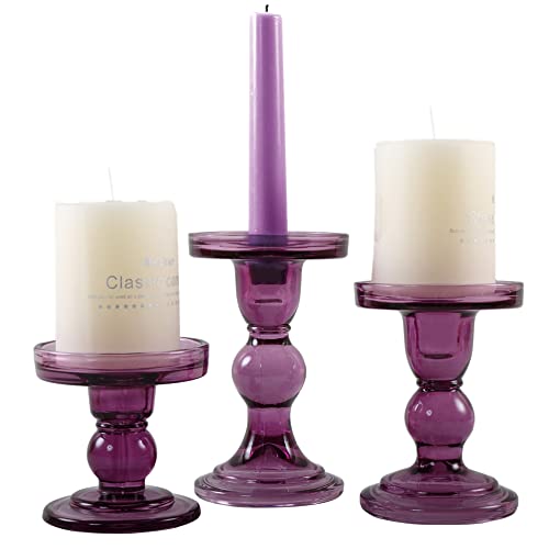 GMWD 3 Pcs Glass Candle Holder Set Clear, Purple Candlesticks Holders Pillar Taper Candles Tealight Stand for Wedding Centerpieces Home Decorations Dining Table - color: Purple