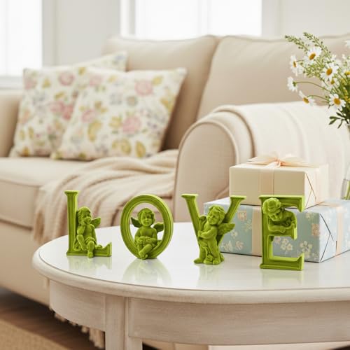Cupid Statue Velvet Flocked Sculpture Anniversary Wedding Gifts, Cherub Angels Statue Romantic Love Figurine Spring Decor for Home, Living Room, Bookshelf, Coffee Table Decor (Green) - color: Cupid-green