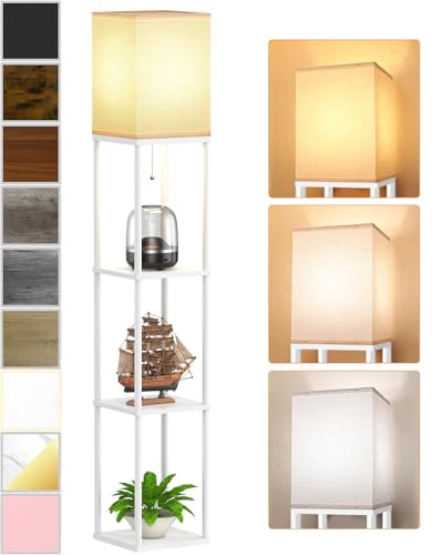 Floor Lamp with Shelves for Living Room White, Shelf Floor Lamp with 3 CCT LED Bulb, Corner Display Standing Column Lamp Etagere Organizer Tower Nightstand with White Linen Shade for Bedroom, Office - color: White
