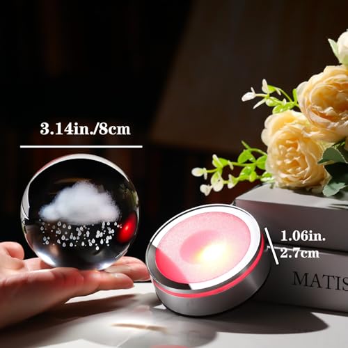Arikyrist 3.15in. 3D Cloud and Rains Crystal Ball Gifts for Women Men, K9 Crystal Decorative Ball Engraved Cloud and Rains Figurine Paperweight with LED Light Base for Home Office Decoration - color: Cloud and Rains