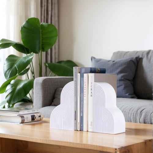 Decorative Bookends for Shelves Set of 2 – Heavy Duty White Resin Bookends, Boho Aesthetic Minimalist Geometric Book Ends, Modern Book Stoppers for Heavy Books, Office Desk, Home or Library Decor - color: White