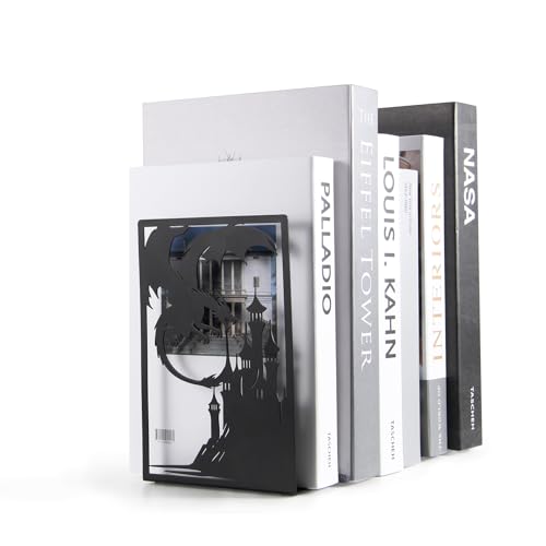 Gothic Dragon Bookends, Black Metal Castle Design, 7.1 x 4.7 Inch, Decorative Book Holders with Non-Slip Base, 2 Piece Set
