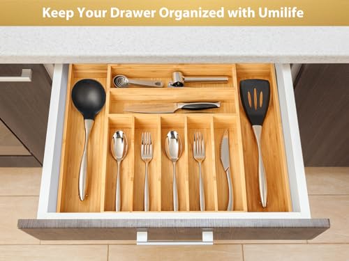Umilife Large Expandable Kitchen Silverware Utensils Drawer Organizer, 2.5" Extra High Adjustable Drawer Divider with Curved Grooves, Bamboo Wood Cutlery Tray Flatware Holder - style: For Silverware (13"~20" x 17")