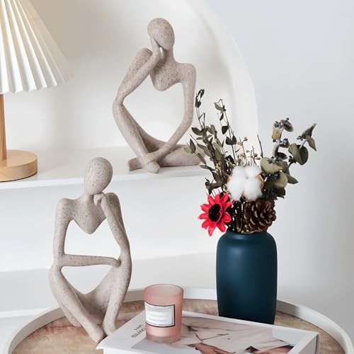 Thinker Statues Home Decor, Set of 3 Pcs Grey Resin Trendy Abstract Art Sculpture Collectible Figurines Home Office Bookshelf Bedrooms Living Room Coffee Shops Desktop Decoration Aesthetic Ornaments - color: Beige