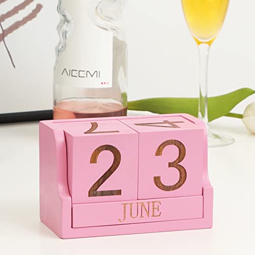Wooden Desk Calendar,Desk Calendar Blocks for Teachers,Office Perpetual Date Block Small Home Desktop Decor Chic Vintage Month with Number Cubes Display Rustic Decoration (Sakura Pink) - color: Rustic Sakura Pink