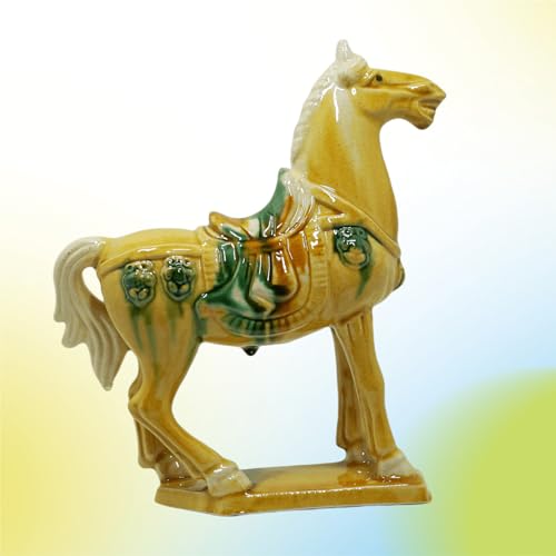 Handmade Tang Dynasty Tri-Color Horse Ceramic Sculpture - 19cm Traditional Chinese Cultural Art Decor - Symbol of Prosperity & Good Fortune - Perfect for Home, Office, Bookcase Shelf (Yellow) - color: Yellow
